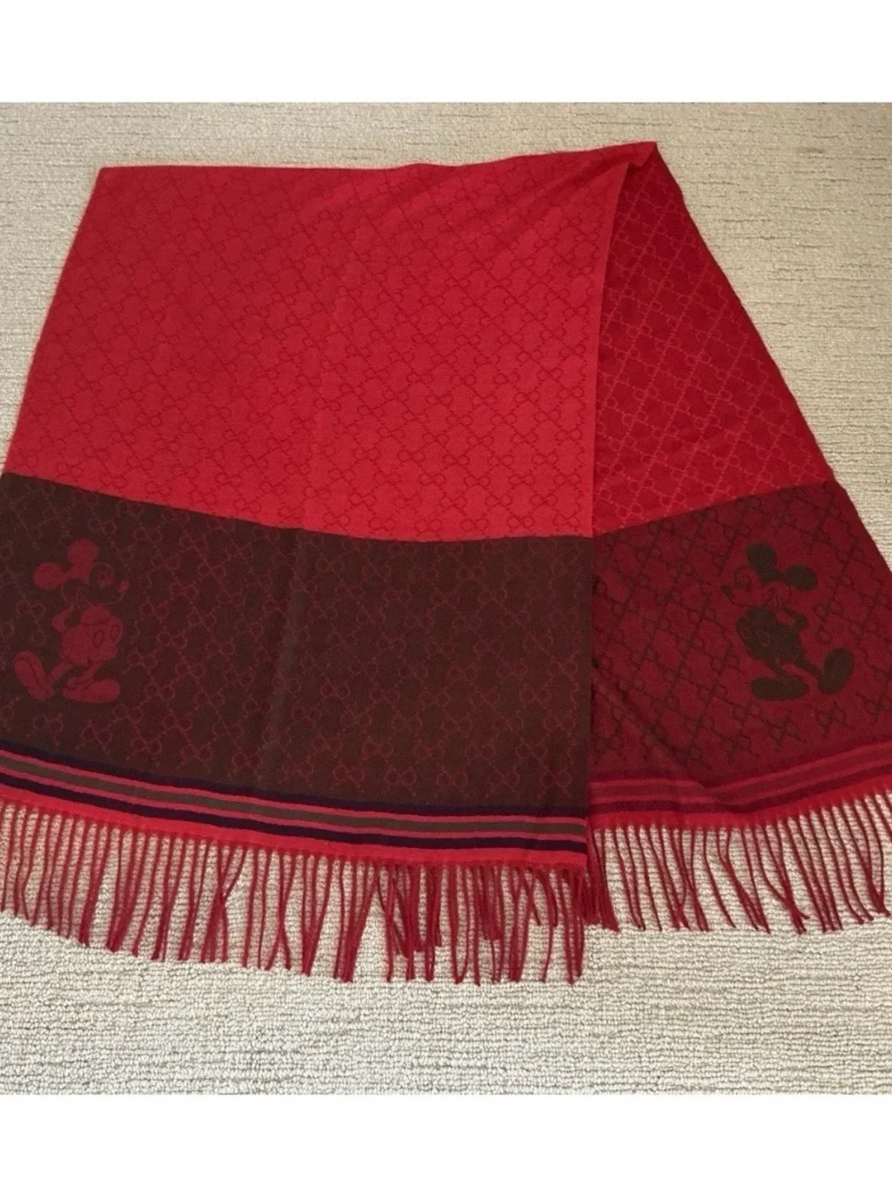 Designer Red & Brown Logo Jacquard Scarf with Fringe